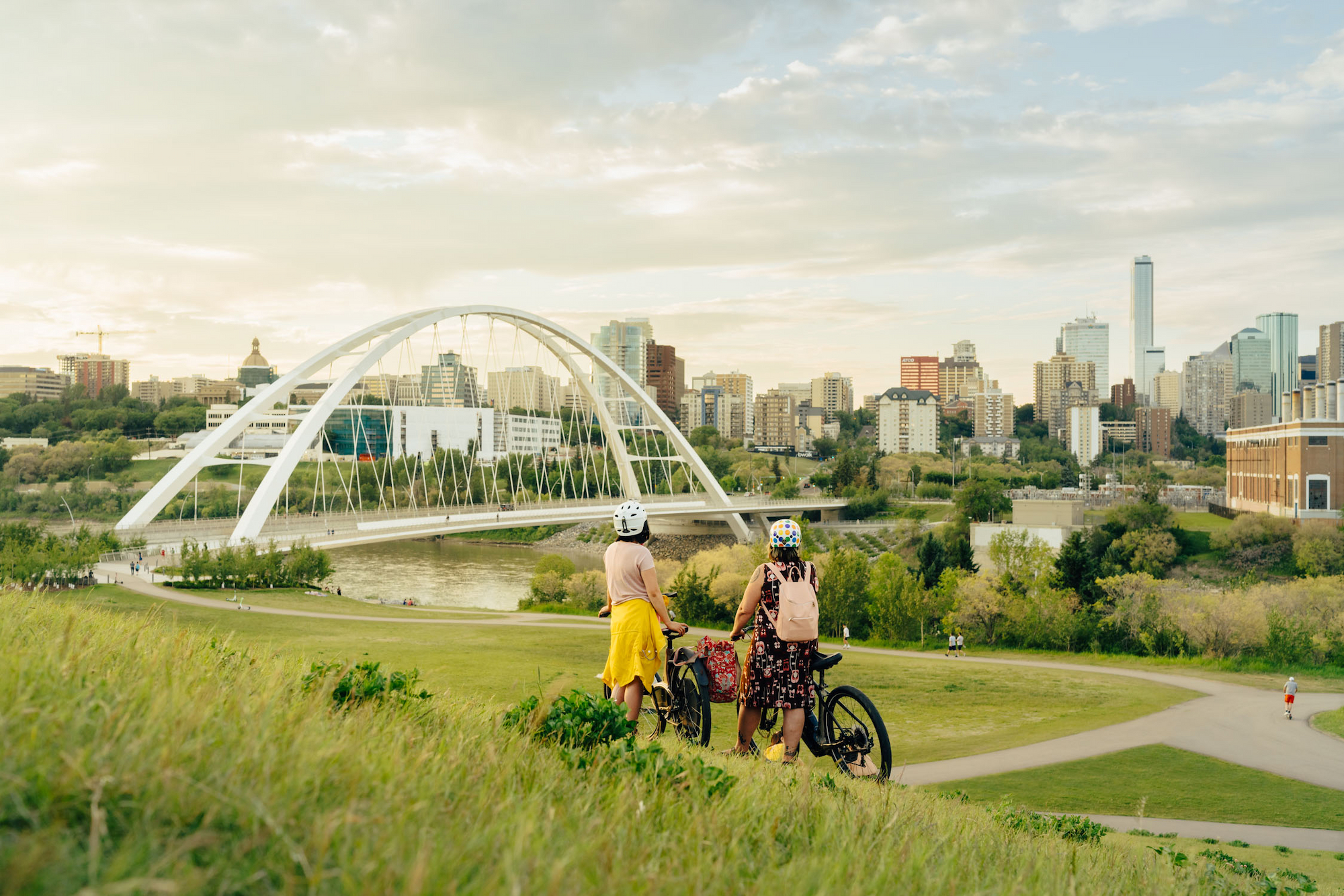 Biking to a view of the North Saskatchewan River and downtown Edmonton from Walterdale Hill, Edmonton, AB.