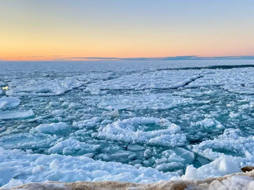 frazil pans (also know as pancake ice) form on a lake