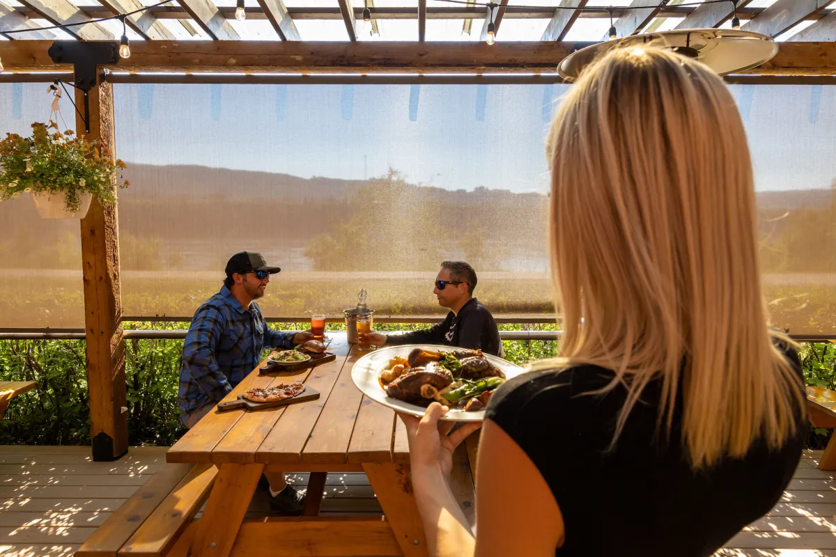 Dinner on the patio at Board 'n' Barrel, Peace River, AB.