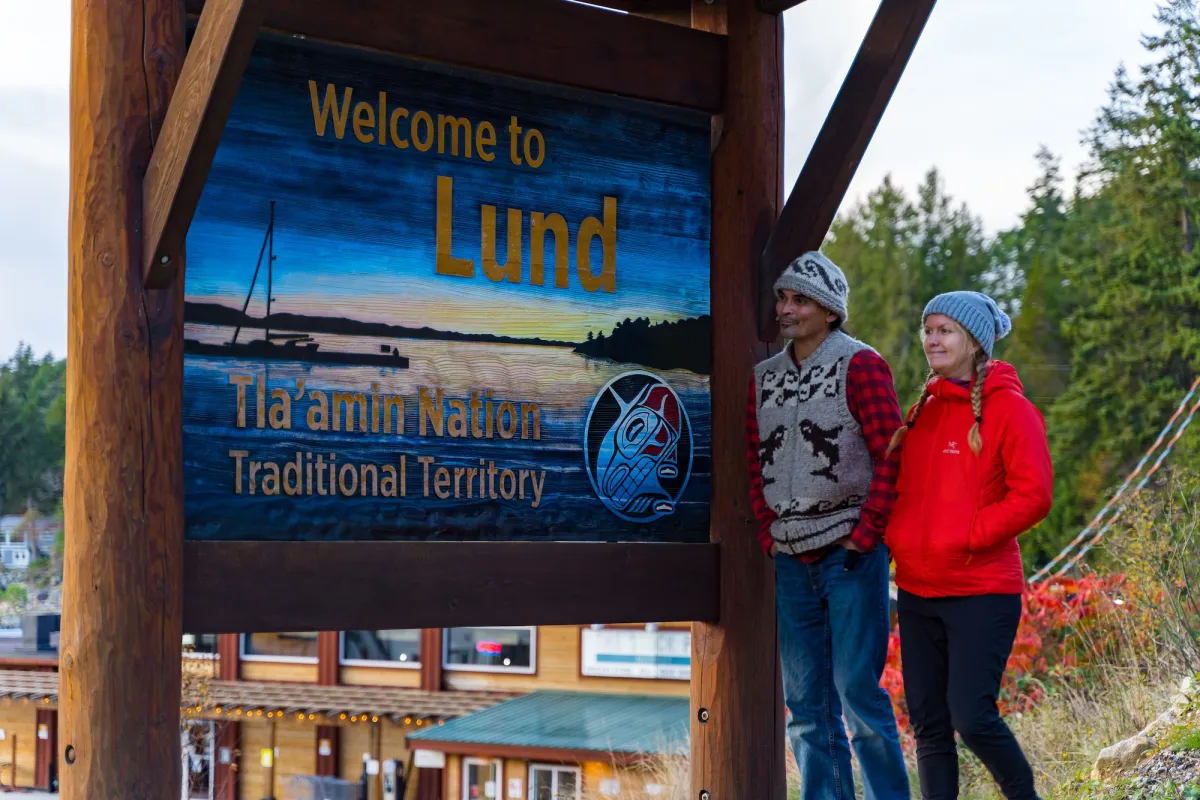 Walking past Lund BC town/Tla'amin Nation sign Chris Istace