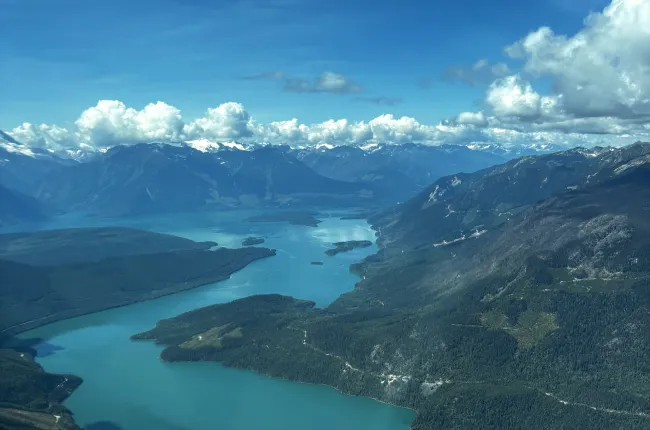 Kinbasket Lake aerial view via Kicking Horse Aviation in Golden BC