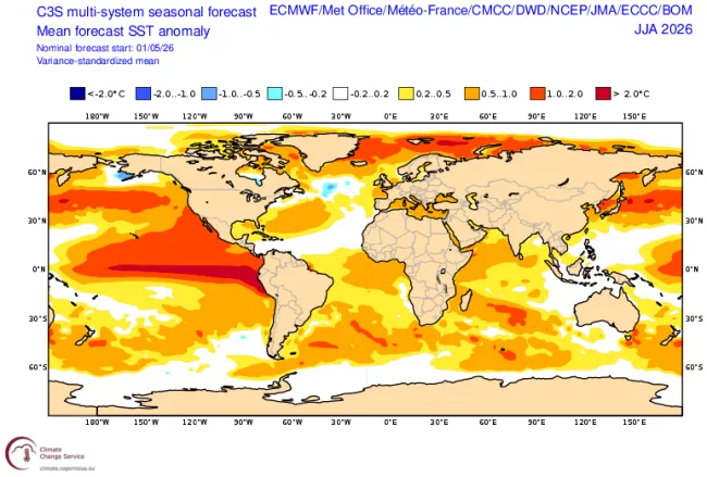 Sea surface temperature anomaly June-Aug 2026 Copernicus Climate Change Service