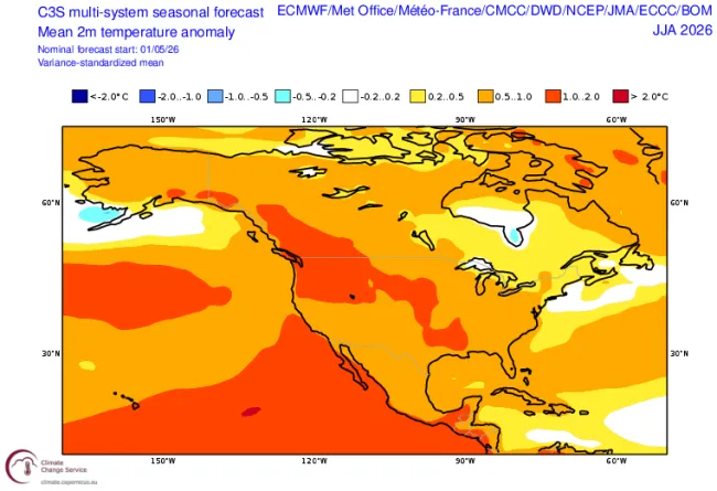 Surface temperature anomaly Jun-Aug 2026 Western Canada