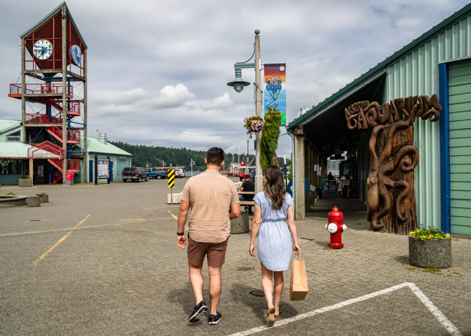 Strolling by the shops at Harbour Quay.